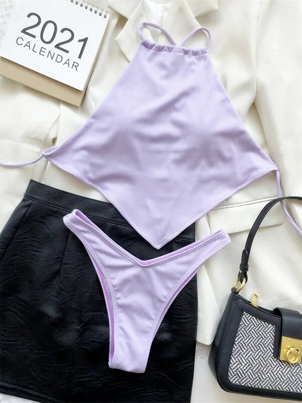 مثير من قطعتين ملابس السباحة للنساء ، بيكيني بلون واحد ، متعدد الألوان ، تصميم جديد