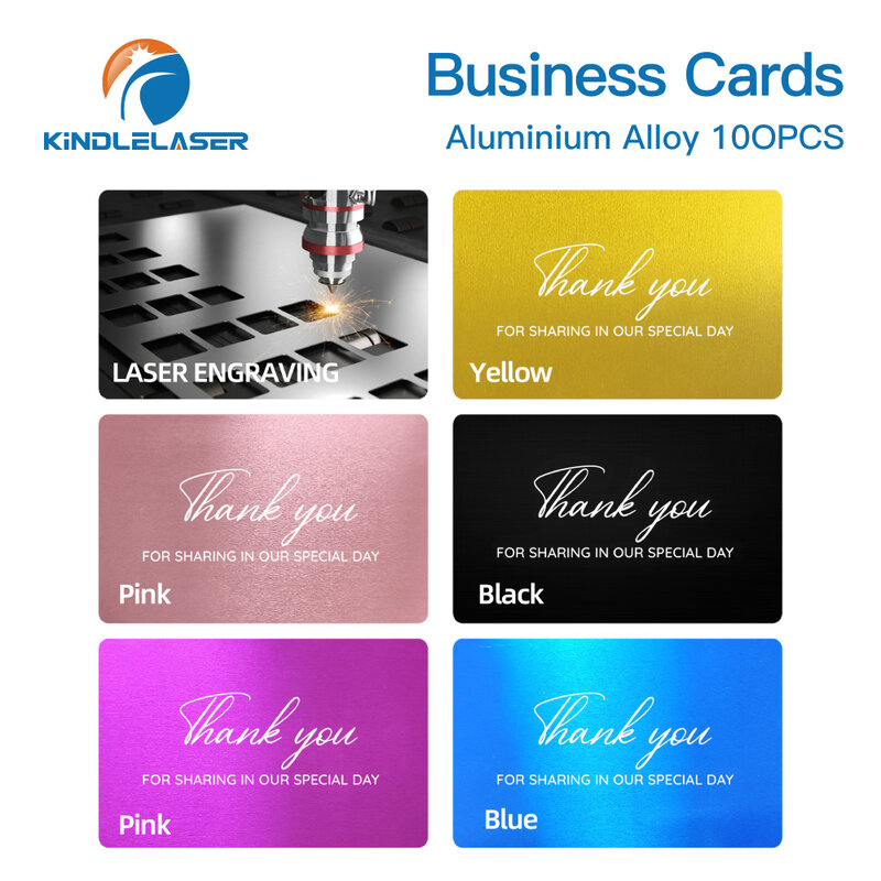 Kindleliser 100 قطعة/الوحدة بطاقات اسم الأعمال متعدد الألوان سبائك الألومنيوم ورقة معدنية اختبار المواد لآلة وسم الليزر