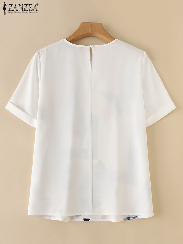 Zazea-قمصان قصيرة الأكمام للنساء ، قمم برقبة مستديرة ، بلوزة مطبوعة هندسية ، سترة غير رسمية ، موضة بسيطة ، الصيف ،