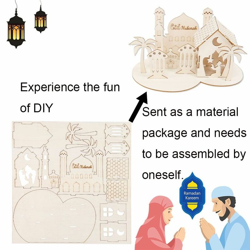 حلي قلعة خشبية قابلة للإزالة ، زخارف طاولة رمضان اليدوية ثلاثية الأبعاد ، عيد مبارك ، حرفة ذاتية الصنع