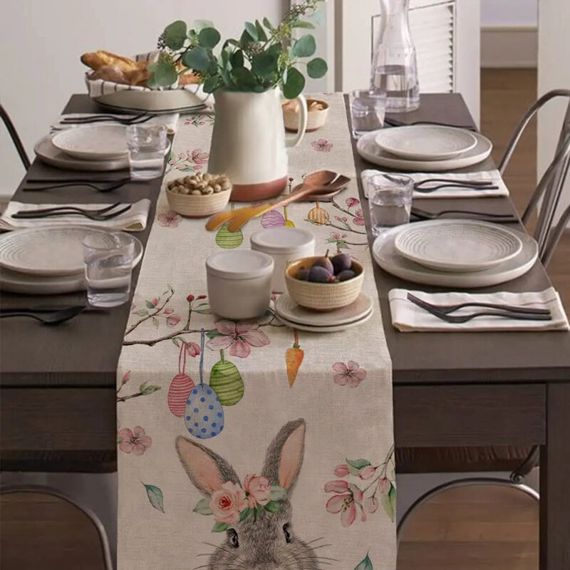 طاولة أرنب عيد الفصح ، قماش طاولة طعام أرنب كتان ، مكان ربيعي ، ديكور عطلة سعيدة للمنزل والمطبخ ،
