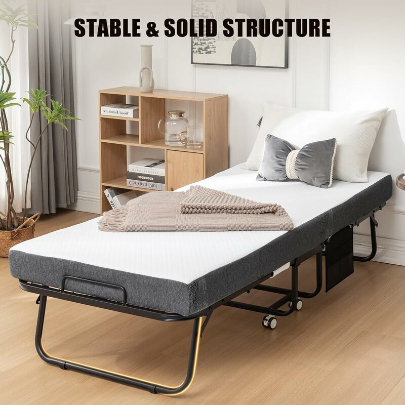 سرير قابل للطي مع مرتبة للبالغين ، إطار سرير محمول قابل للطي للضيوف ، إطار معدني قوي ، 5 بوصة ، أسود ورمادي ، 75 في x 31 بوصة
