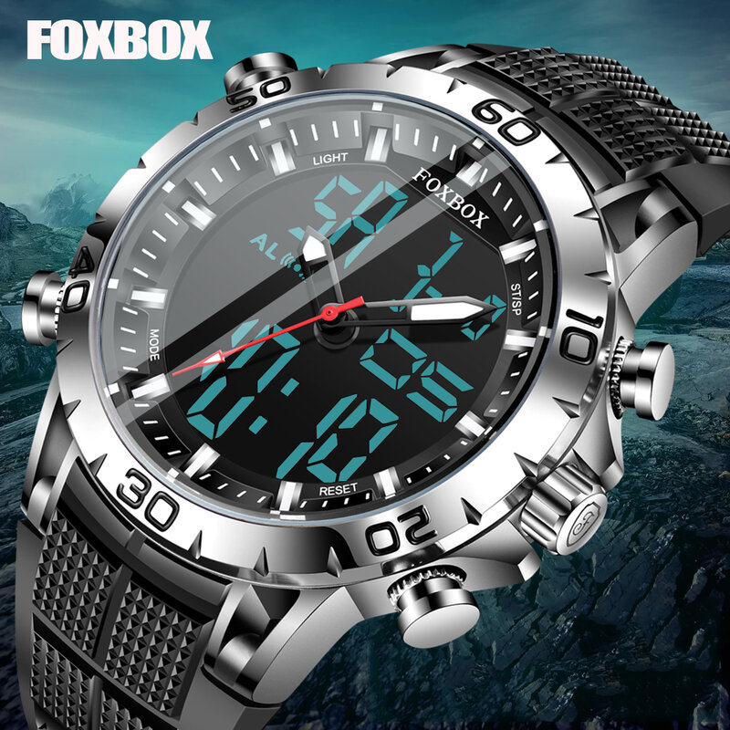 FOXBOX رجالي ساعات سترة رياضية علوية العلامة التجارية الفاخرة المزدوج عرض ساعة كوارتز الرجال العسكرية مقاوم للماء ساعة رقمية ساعة إلكترونية + صندوق