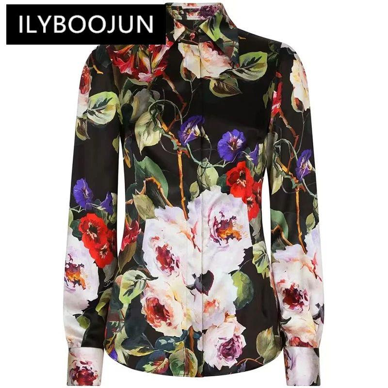ILYBOOJUN-قميص كلاسيكي مطبوع عليه زهور للنساء ، قمم حرير ربيعية ، ياقة مطوية لأسفل ، أكمام طويلة ، صدر مفرد ، مصمم أزياء