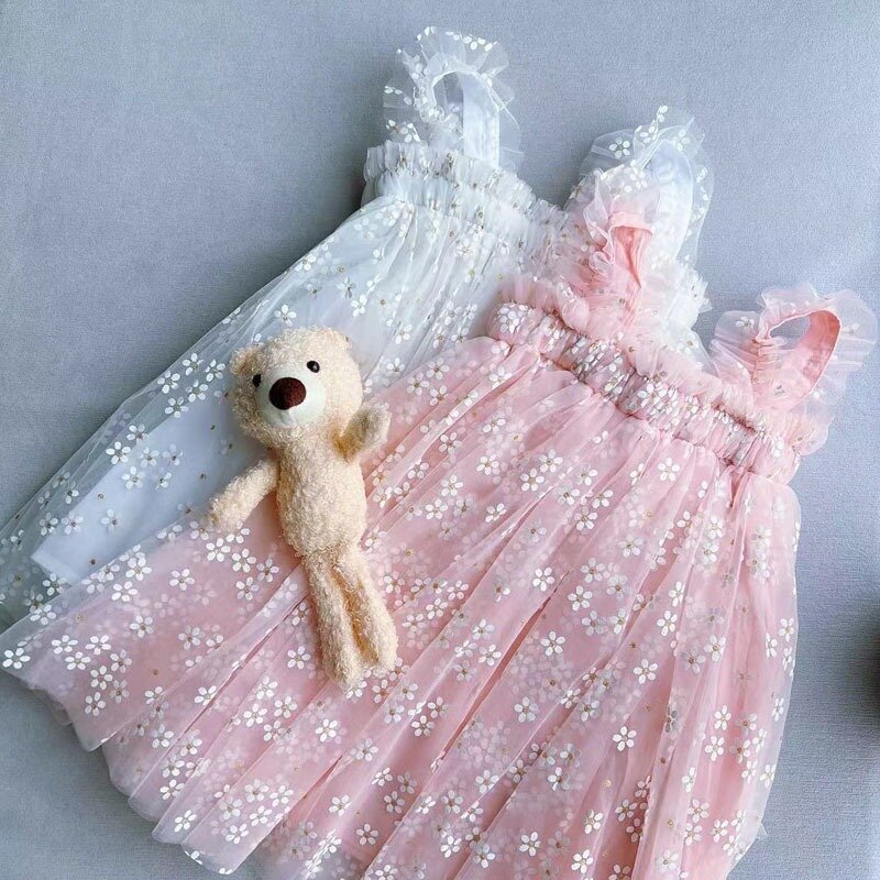 فستان بدون أكمام مطبوع عليه زهور للفتيات الصغيرات ، فساتين تنورة الأميرة الشبكية ، ملابس عيد الميلاد ، حلوة