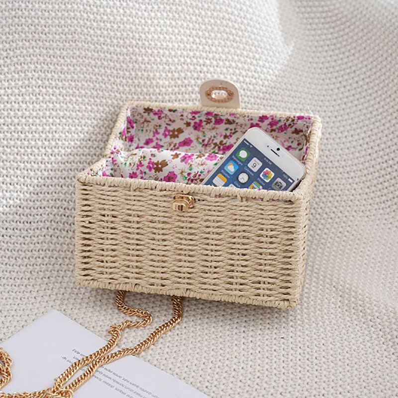 حقيبة شاطئ من القش منسوجة كاجوال ، حمل يدوي ، ثنائي الغرض ، صغير ، عطر ، ياباني وكوري ، صندوق مربع صغير