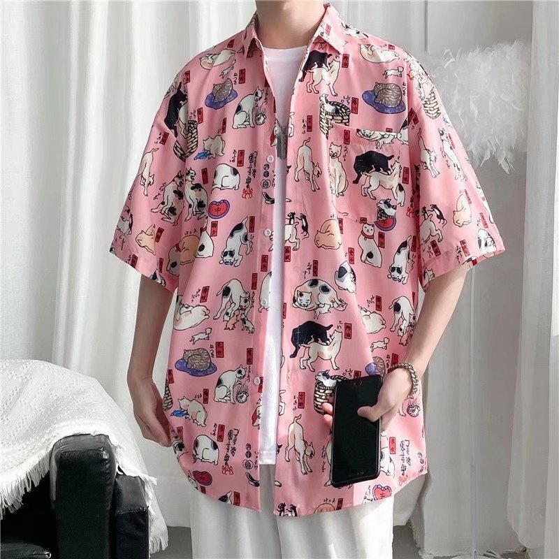Harajuku قميص رجالي صيفي فضفاض مطبوع عليه حيوانات كرتونية قميص بأكمام قصيرة نمط الهيب هوب BF قمصان ألوها متعددة الاستخدامات