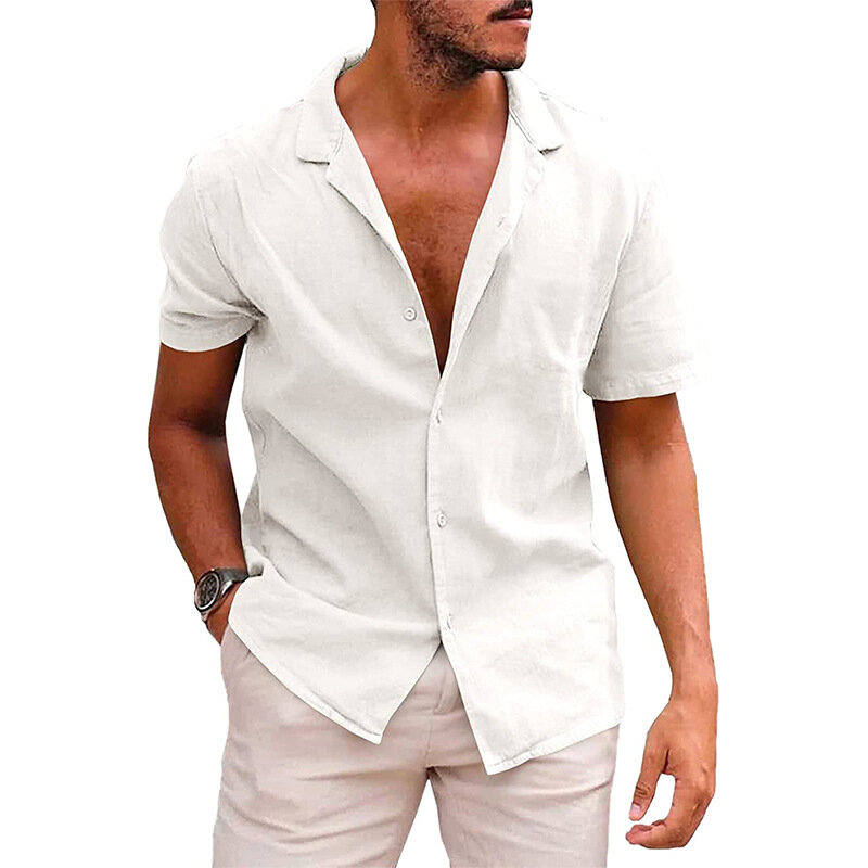 Hot البيع الرجال قصيرة الأكمام قمصان القطن الكتان الصيف بلون بدوره إلى أسفل طوق التجفيف السريع نمط الشاطئ عادية حجم كبير