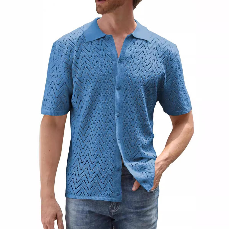 قميص مجوف منسوج للرجال ، قميص كاجوال قابل للتنفس ، أحادي اللون ، صدر واحد ، قمصان قصيرة الأكمام منسوجة للذكور ، الصيف ، ، ، ،