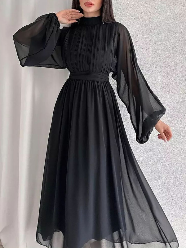 فستان نسائي نصف ياقة عالية مطوي ، كم طويل ، نحيف ، فستان شيفون أسود أنيق للنساء ، الصيف ، جميل ،