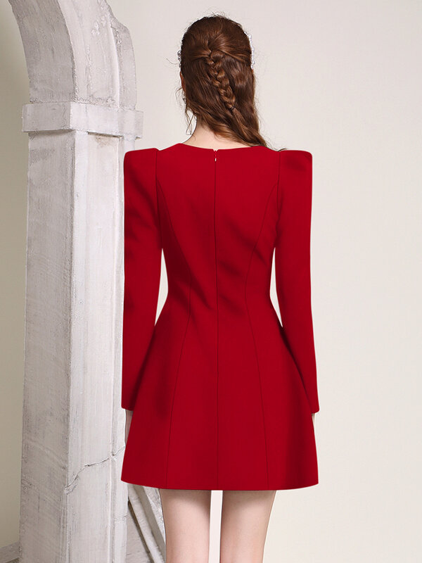 المرأة هيبورن نمط ثلاثية الأبعاد زهرة فستان أحمر ، أنيقة ، الرجعية ، الخريف ، صغيرة ، جديدة