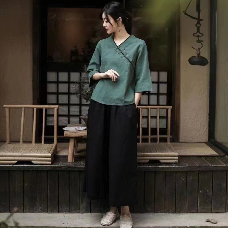 الصين الشاي التقليدي الفن النساء الملابس Hanfu القمم Harajuku Suit تانغ دعوى الربيع الصيف مريحة الصينية تونك امرأة