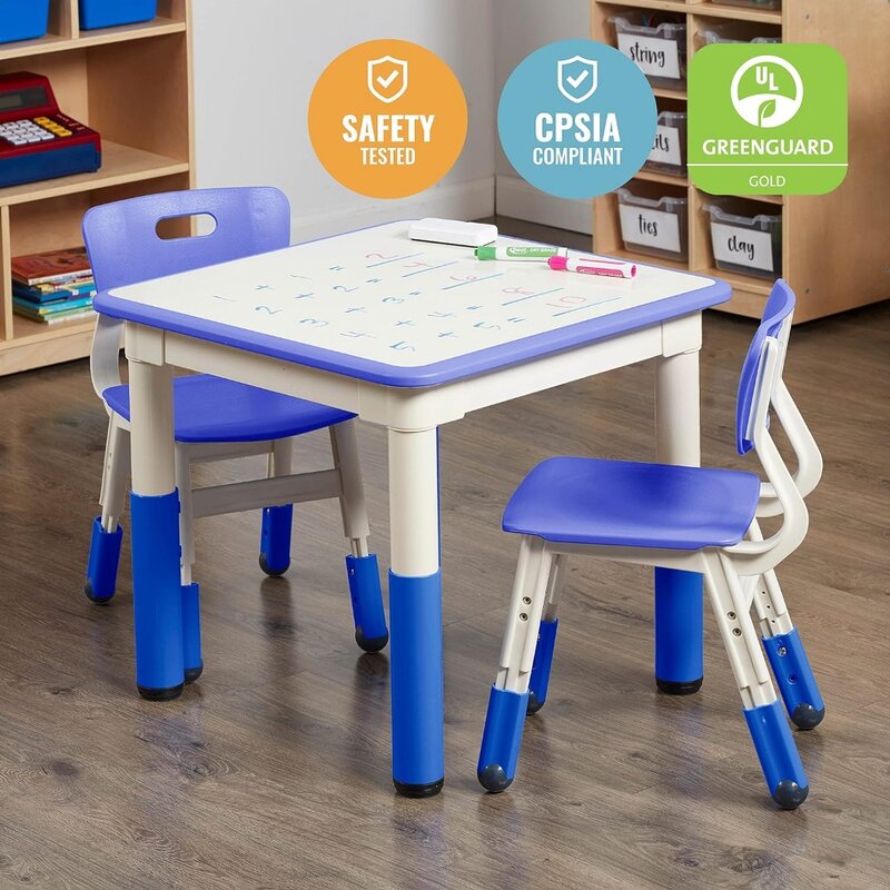 مجموعة طاولة أنشطة مربعة جافة للأطفال ، طفل صغير ، أثاث أطفال ، مقعدان ، كرسي أزرق ، 3 مسح