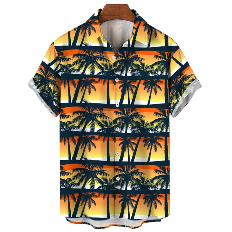 قميص هاواي رجالي بأكمام قصيرة ، بلوزة بنمط شجرة جوز الهند ، ملابس غير رسمية ، عطلة على الشاطئ ، Xl