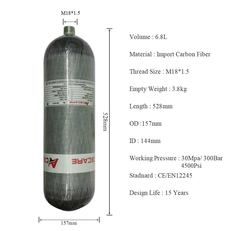 أسطوانة غوص من ألياف الكربون من acecar ، زجاجة هواء عالية الضغط باسكال ، M18 * 50 ، 6.8 لتر ، 30Mpa ، 300Bar ، 4500Psi