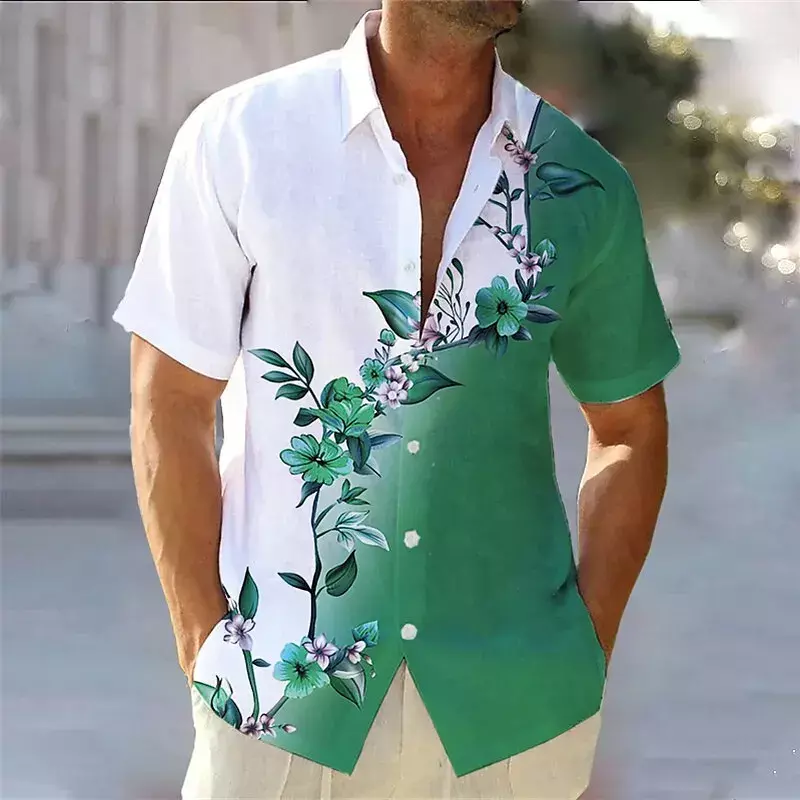 قميص هاواي للرجال بأكمام قصيرة ، طباعة زهور متدرجة ، بلوزة مريحة غير رسمية مفتوحة بطية صدر ، راقية