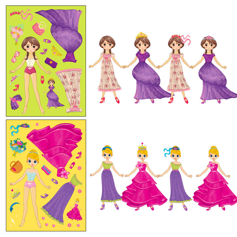 الأميرة فستان متابعة ملصقات للأطفال ، ملصقات DIY بها بنفسك ، خلق وجه لوحة لاصقة ، وجعل لغز الفتيات الخاصة بك ، لوازم حفلة بانوراما ، 6-24paper