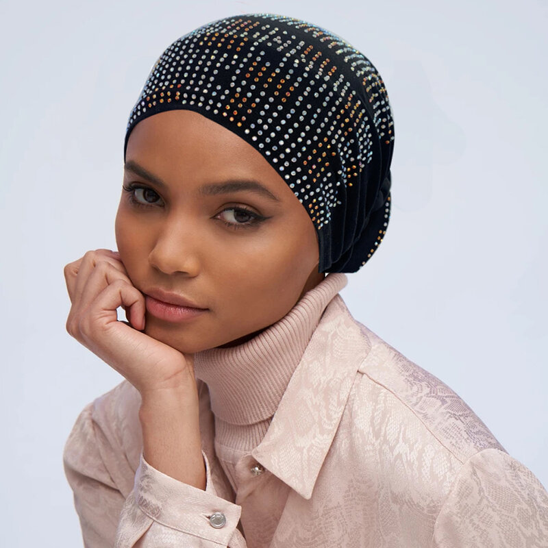 2022 جديد إمرأة مطوي عمامة قبعة مع مبطن ماسية تصميم مرن حجاب إسلامي غطاء الرأس الأفريقي غطاء الرأس الهند القبعات