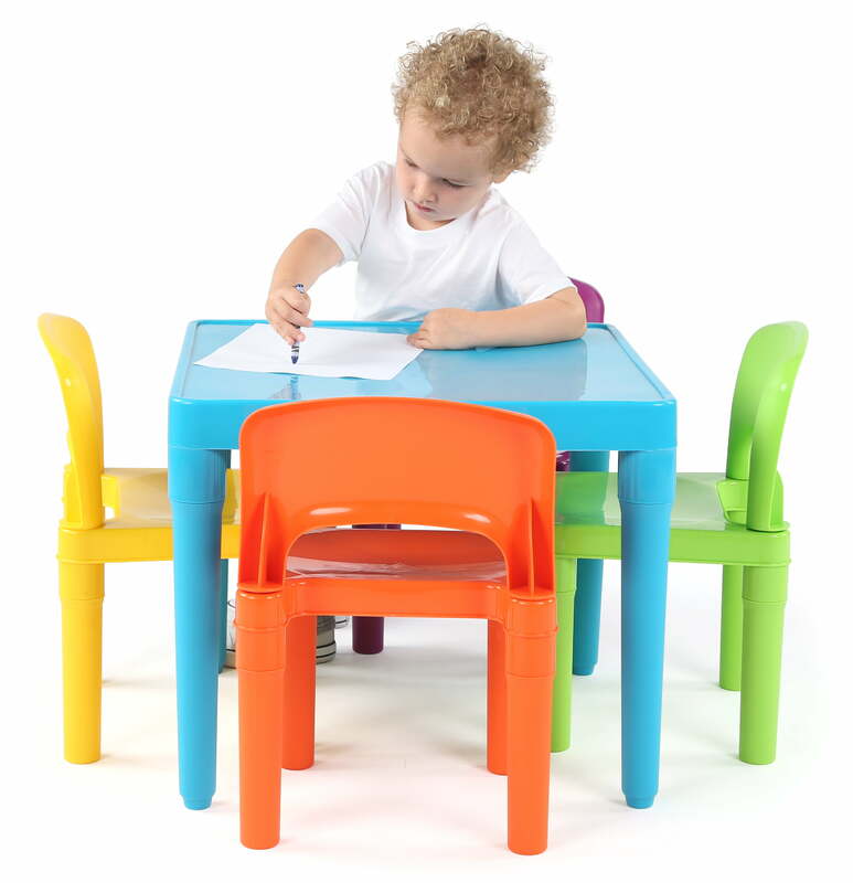 طاقم متواضعة للأطفال طاولة بلاستيكية خفيفة الوزن و4 كراسي مجموعة ، مربع ، أزرق/برتقالي/أخضر/أصفر/أرجواني