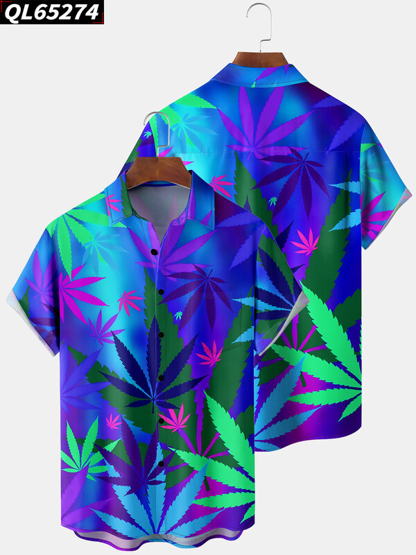 قميص رجالي بأكمام قصيرة هاواي ، نمط أوراق النبات ، بلوزات جيب زر ، قميص غير رسمي أنيق ، جودة عالية ، صيف ، جديد