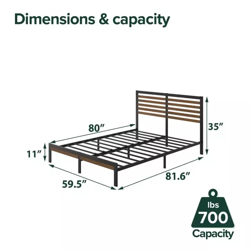 إطار سرير بحجم كوين بني ، 35 بوصة ، منصة معدنية وخيزران ، إطار سرير