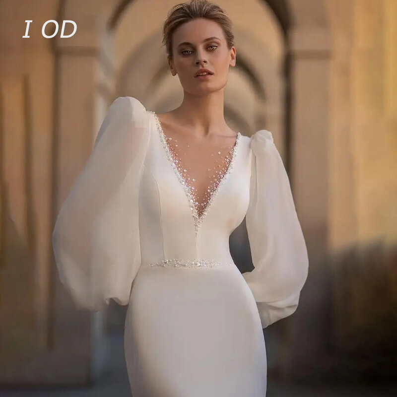 فستان زفاف حورية البحر أبيض نقي ، رقبة V عصرية ، أكمام طويلة كريستال ، فستان زفاف مثير مفتوح من الخلف ، حديث I OD