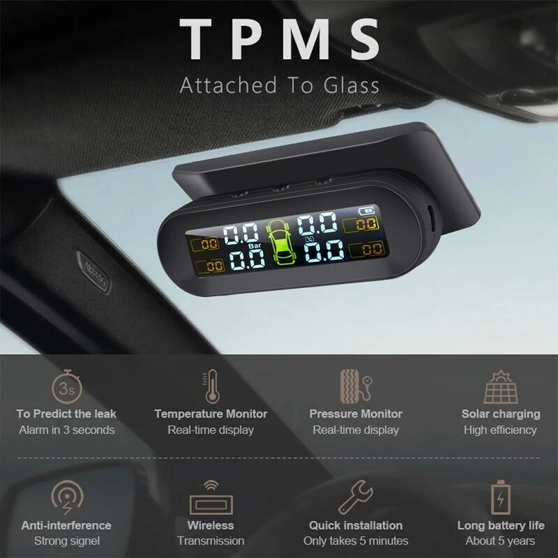 نظام مراقبة ضغط إطارات السيارة الشمسية TPMS ، أجهزة استشعار خارجية داخلية ذات 4 عجلات ، جهاز قياس TMPS