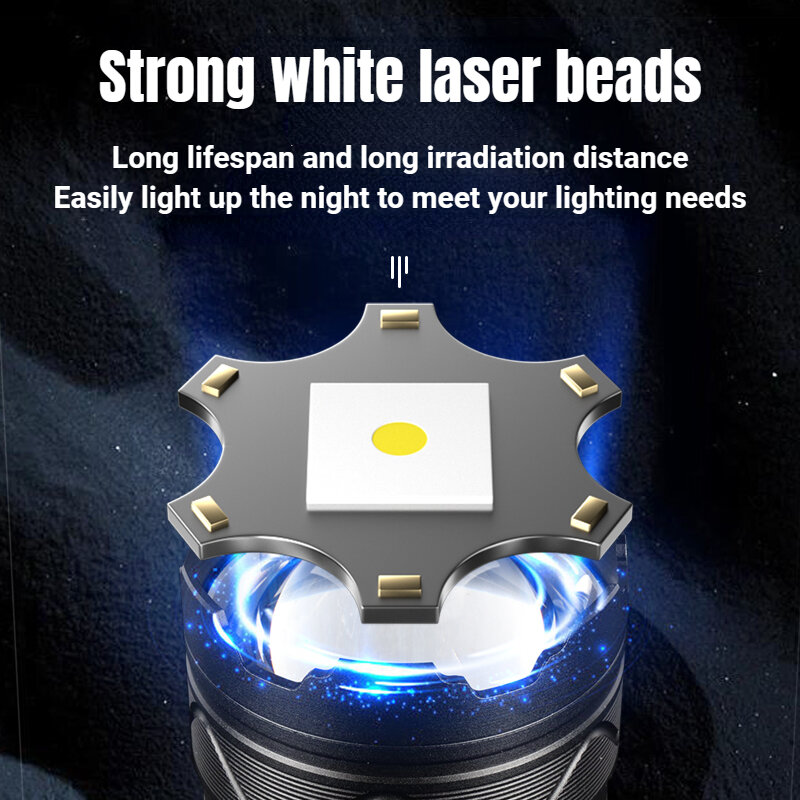 FLSTAR FACE-مصباح يدوي أبيض ساطع للغاية ، قابل لإعادة الشحن ، فانوس مقاوم للماء ، تكبير تلسكوبي ، مشعل عرض رقمي ، خارجي