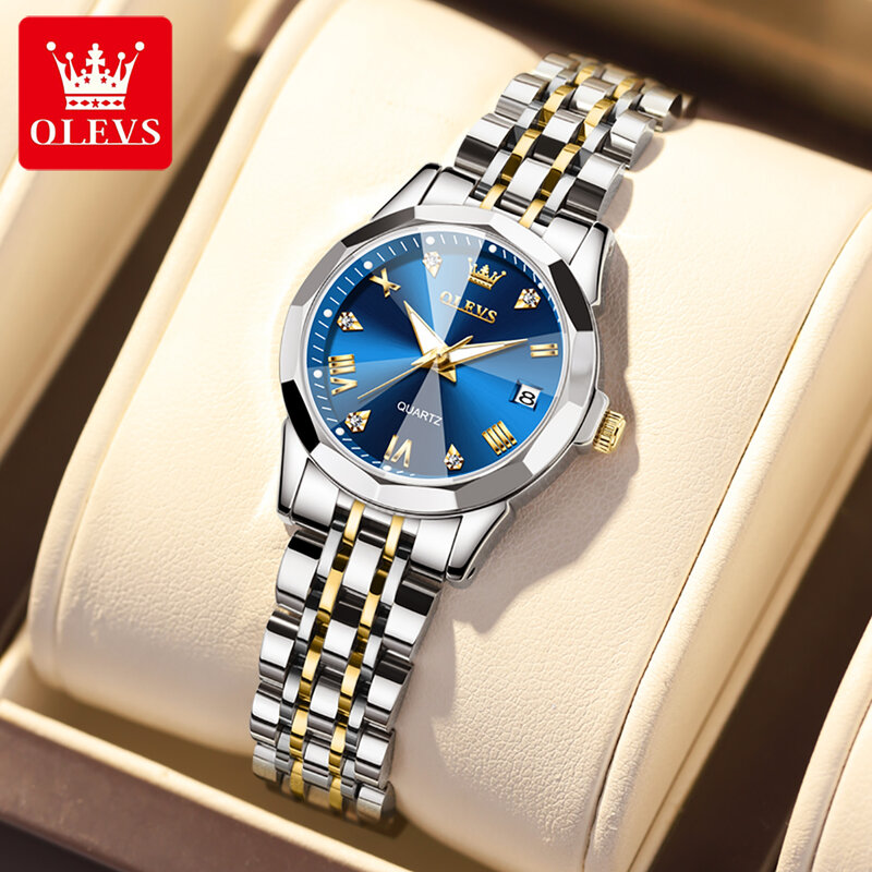 OLEVS-ساعة يد كوارتز زرقاء أنيقة للنساء ، فولاذ مقاوم للصدأ ، مقاوم للماء ، ساعة مضيئة ، مرآة المعين ، أفضل علامة تجارية
