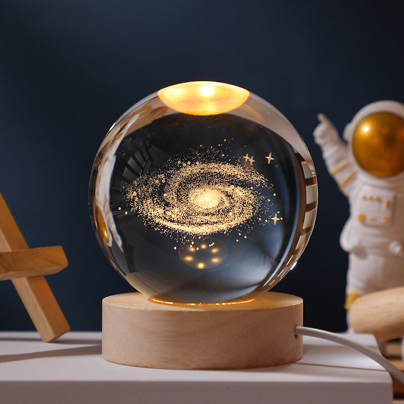 كرة بلورية ثلاثية الأبعاد زجاج كوكب ليد ضوء ليلي دافئ ، محفور بالليزر ، نظام شمسي ، كرة أرضية ، كون ، قاعدة خشبية ، هدية عيد ميلاد ، 6: