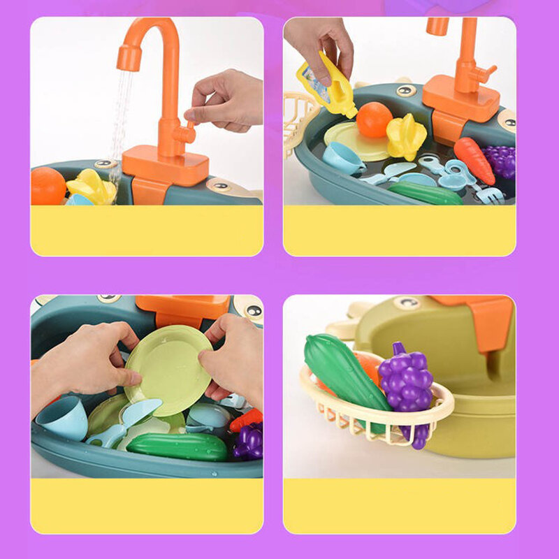 مجموعة ألعاب المطبخ للأطفال محاكاة اللعب بالوعة مع الفاكهة وأدوات المائدة اللعب نظام دورة كهربائية لتشغيل المياه