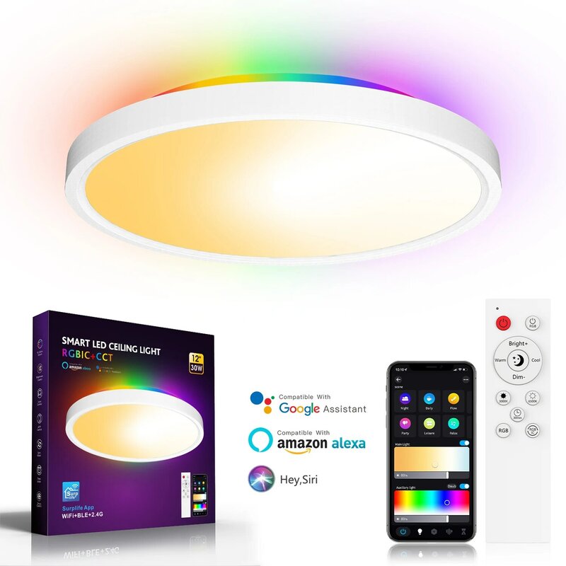مصباح سقف LED ذكي مع جهاز تحكم واي فاي ، جهاز تحكم عن بعد ، RGB ، أبيض دافئ ، لوحة بيضاء باردة ، إضاءة داخلية ، ديكور غرفة المعيشة