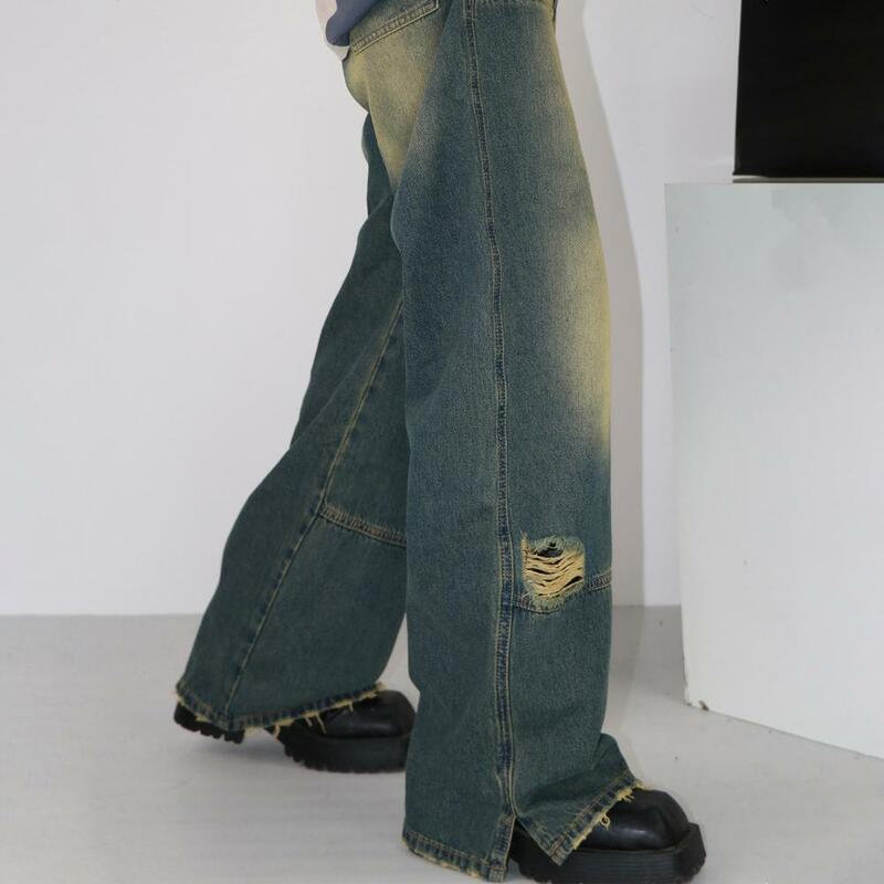 سراويل جينز عتيقة واسعة الساق للرجال مع ثقوب ممزقة ، جينز عتيق ، سراويل الشارع الشهير للارتداء ، نمط هوب