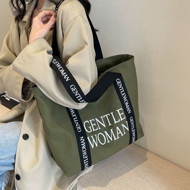 حقيبة تسوق قماشية أحادية اللون للنساء ، حقيبة يد مع نمط الحروف ، الموضة