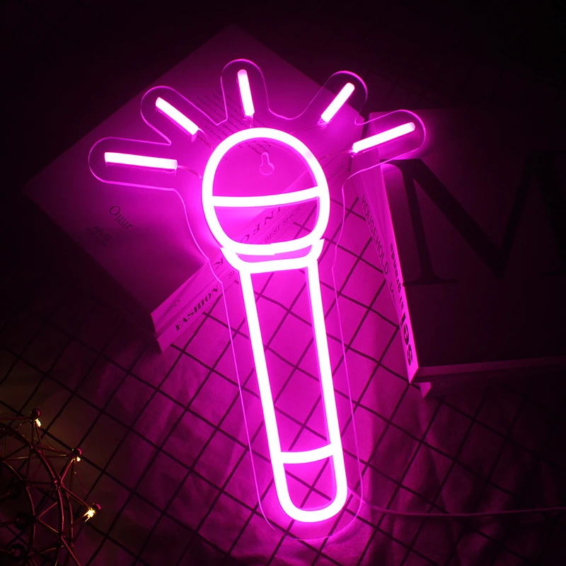 لافتة نيون ليد بتصميم ميكروفون ، مصابيح ليلية وردية اللون ، USB مع مفتاح ، فن جداري ، إضاءة معلقة للمتاجر ، المنزل ، ديكور الغرفة ، تخفيضات كبيرة