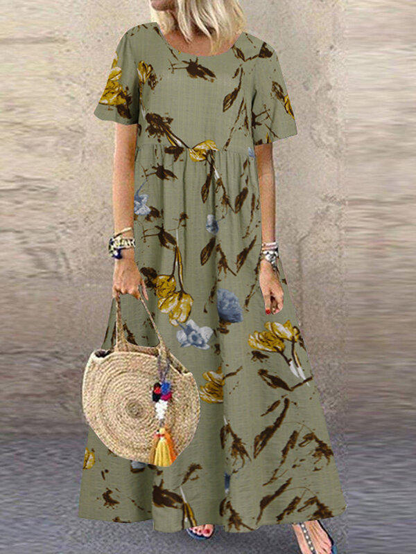 ZANZEA موضة الصيف فستان ماكسي المرأة المطبوعة فستان الشمس عادية قصيرة الأكمام Vestidos الإناث عالية الخصر رداء فام