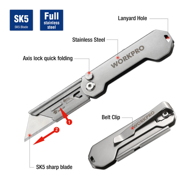 سكين فائدة قابلة للطي WORKPRO-EDC ، قطع صندوق صغير ، شفرة تغيير سريعة ، شفرة قابلة للطي ، سكين جيب صغير مع مشبك حزام