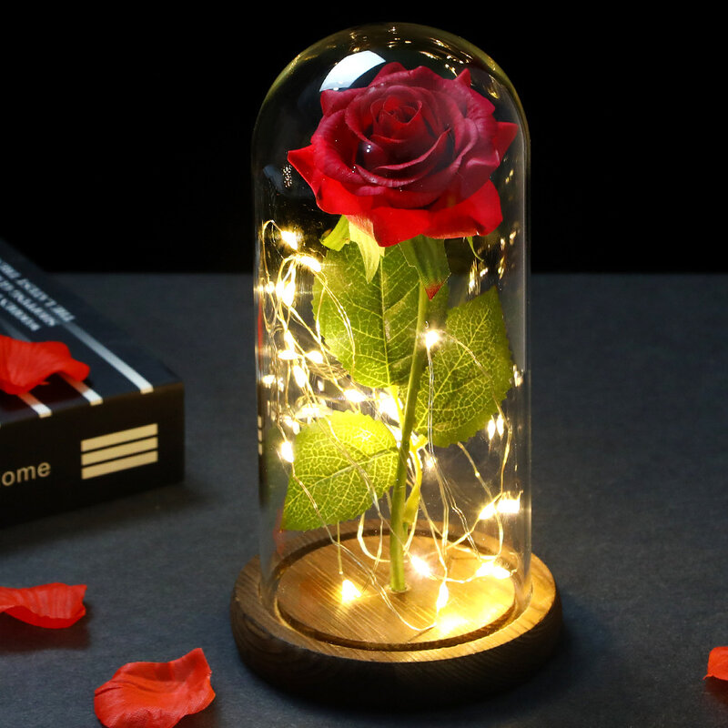 2022 هدية عيد الحب LED مسحور غالاكسي روز الخالدة 24K الذهب احباط زهرة مع أضواء سلسلة خرافية في قبة للتعشيب