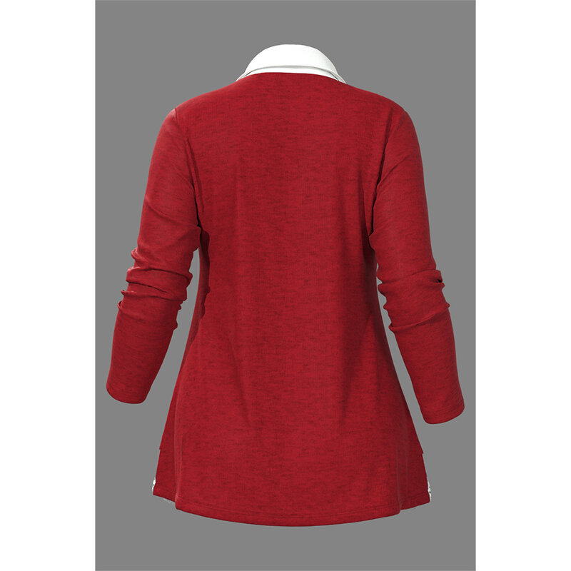 بلوزة غير رسمية من الدانتيل الأحمر للخياطة ، قميص بصف واحد ، ياقة ، مقاس كبير