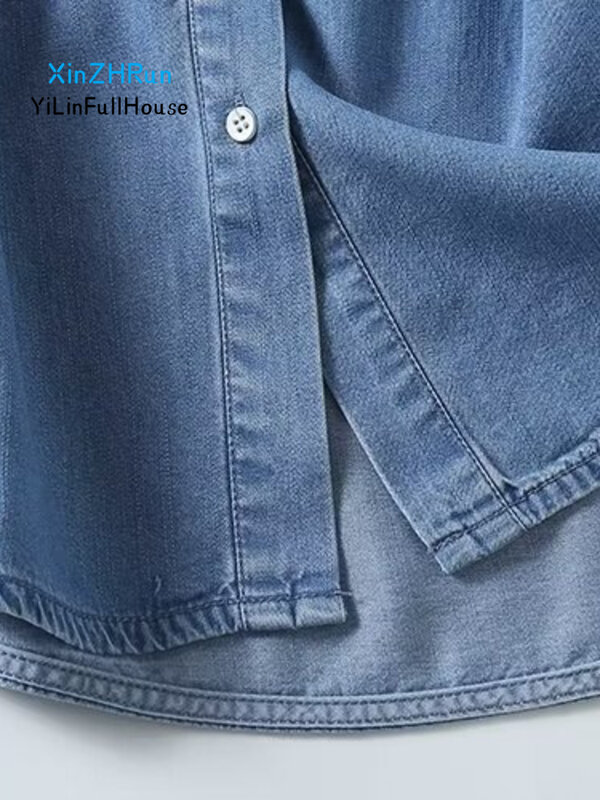 قميص جينز نسائي بأكمام قصيرة ، ياقة قلاب ، جيب مزدوج ، توب بصف واحد ، بسيط ، متعدد الاستخدامات ، عصري كاجوال ، جديد ، صيفي