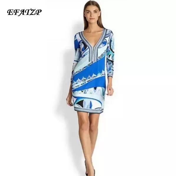 EFATZP-فستان نسائي بطول الركبة بطبعة زرقاء ، سترة حريرية ، أكمام طويلة ، مدرج ، موضة شارع هاي ستريت ، قميص توقيع