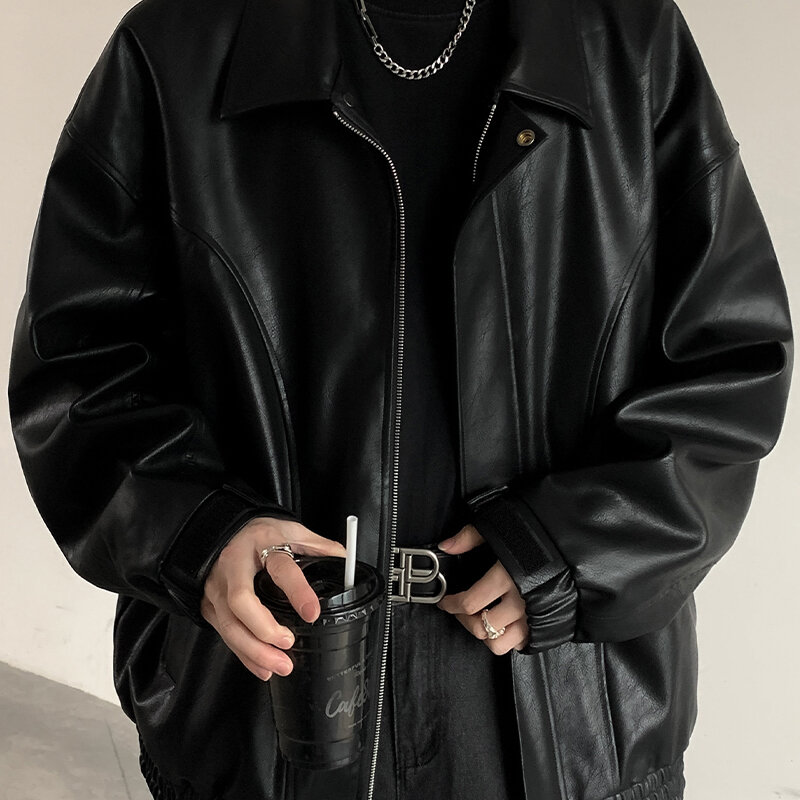 جاكيت بومبر فضفاض من الجلد الأسود للرجال ، ملابس مصممة خصيصًا ، أزياء كورية ، دراجات نارية