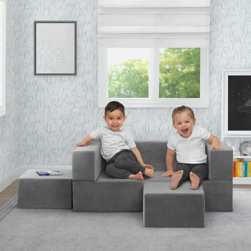 أريكة قابلة للتحويل ومجموعة ألعاب للأطفال والصغار ، أريكة فوم معيارية مع كرسي طويل مستلق مع 2 أوتمان ، رمادي