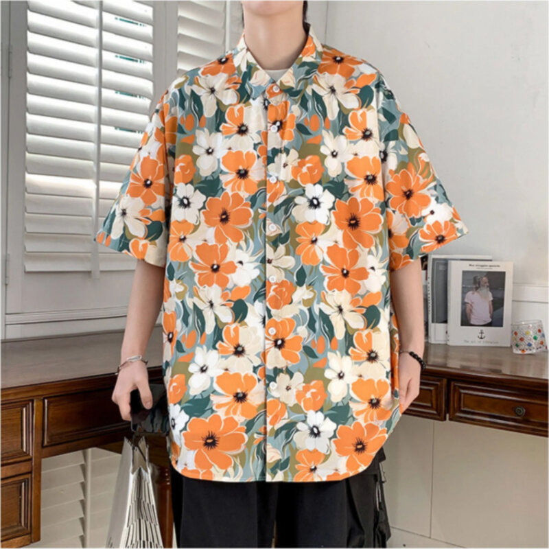 قمصان رجالية ذات طابع شخصي مطبوعة بأكمام قصيرة ، قميص بطية صدر كاجوال فضفاض ، لون متباين راقٍ ، موضة رجالية ، صيف ، جديد