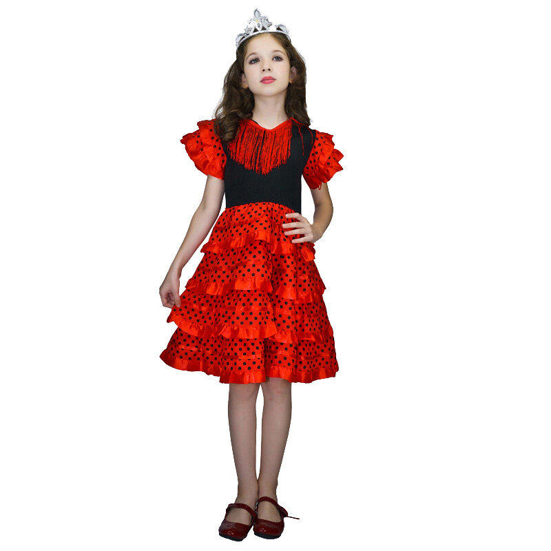 فستان رقص إسباني تقليدي للفتيات فستان منقط مزين بشرابة فستان كلاسيكي بأربع ألوان على طراز الفلامينجو الغجر تنورة للأطفال