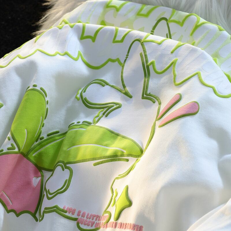 Kawaii قصيرة الأكمام موضة المرأة الفرنسية نمط الأفوكادو الأخضر الكرتون الأرنب طباعة زوجين صغيرة الطازجة ملابس خارجية تي شيرت الصيف