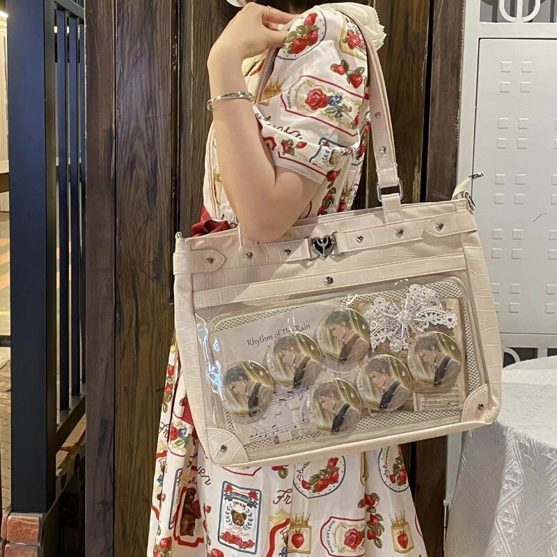Xiuya-حقيبة حمل جلدية للنساء ، سعة كبيرة ، خمر ، جمالية ، على الطراز الياباني ، شفافة ، لوليتا كيه ، حقيبة يد جديدة ، Y2k