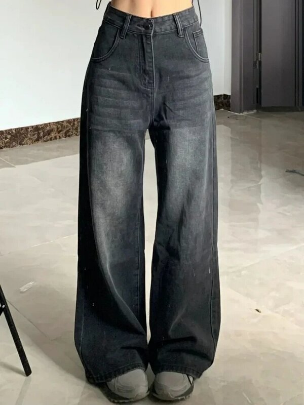 بنطال جينز عالي الخصر للسيدات من HOUZHOU ، بنطلون جينز مغسول مستقيم ، ملابس شارع كلاسيكية ، موضة كورية ، جرونج ، Y2k ، 90s ، غير رسمي