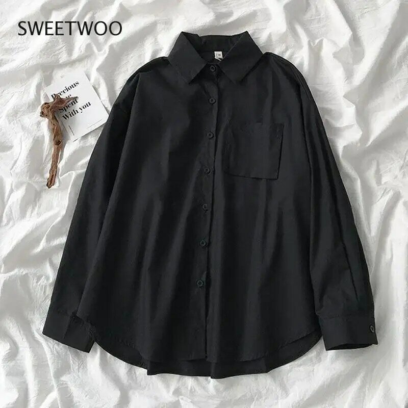 Office Lady Style White Shirt Solid Harajuku Pocket Long Sleeve Womens Tops Blouses Casual 2022 Spring Autumn Loose Shirt Blusas
