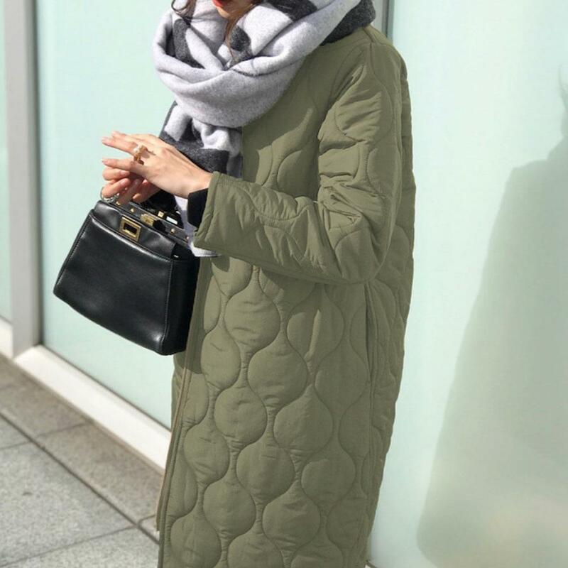 المرأة أحادية اللون مستديرة الرقبة منقوشة معطف ، متوسطة طويلة القطن سترة ، معطف الشتاء ، النسخة الكورية
